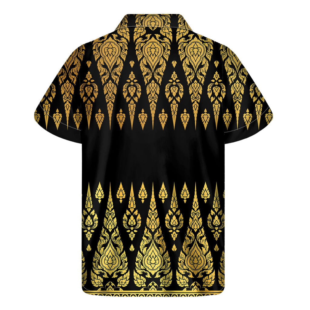 Golden Hawaiian Vibes: Men's Short Sleeve Hawaiian Shirt in Black Thai Pattern - 2