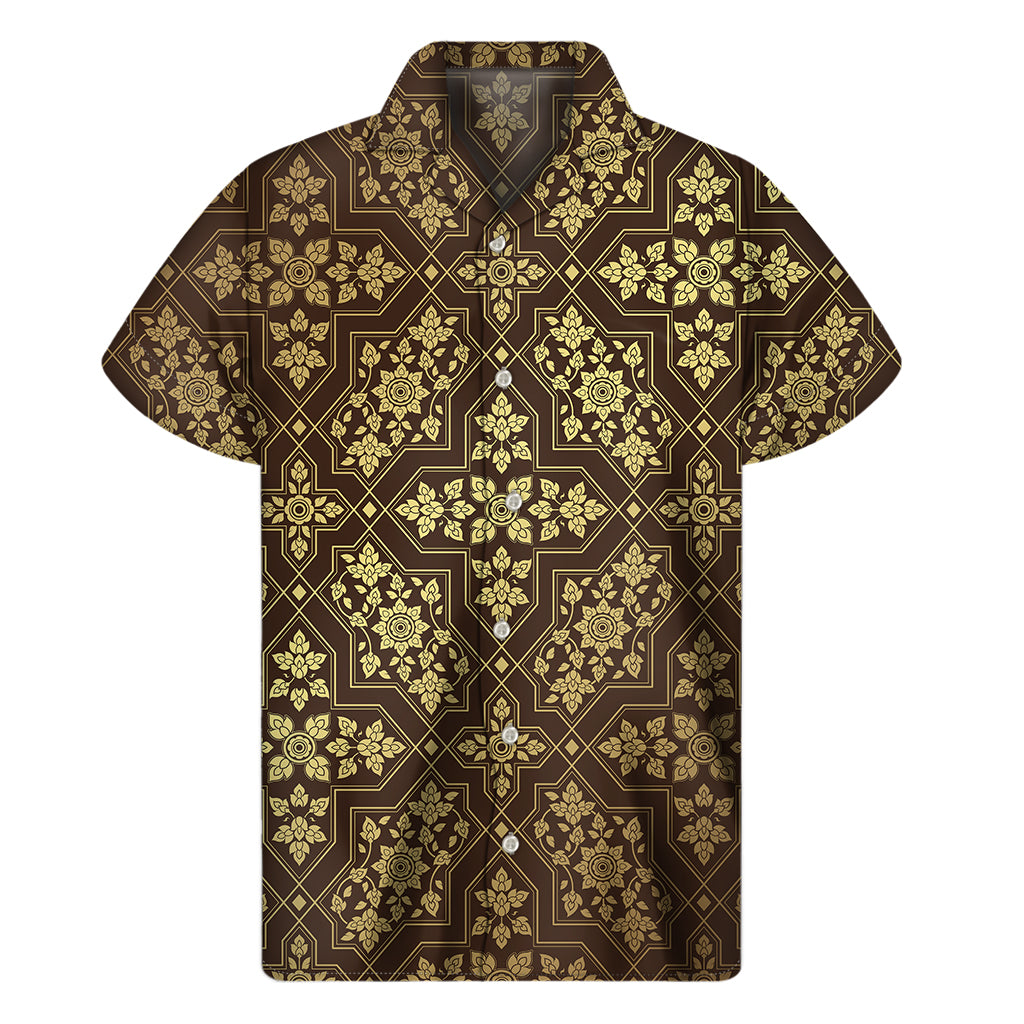 Golden Hawaiian Breeze: Men's Short Sleeve Shirt with Thai Pattern - 1