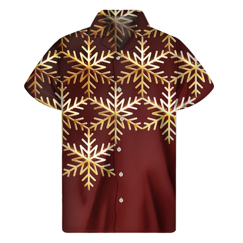 Golden Snowflake Print Hawaiian Short Sleeve Shirt: Embrace Aloha Style - 1