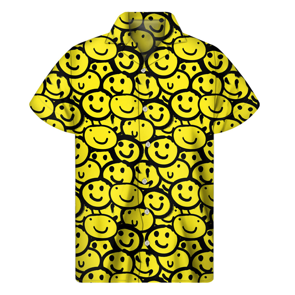 Island Vibes: Men's Graffiti Happy Emoji Hawaiian Short Sleeve Shirt - 1