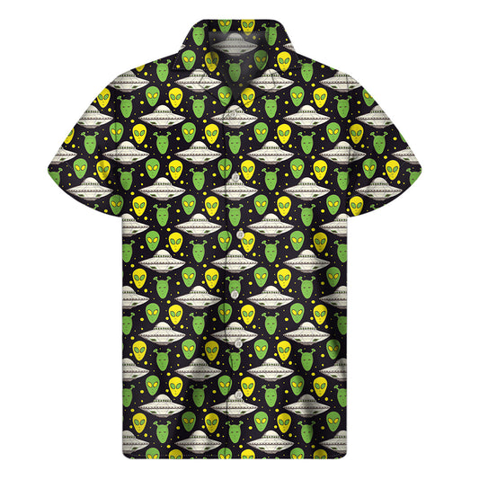 Galactic Aloha: Men's Hawaiian Short Sleeve Shirt with Green Alien UFO Space Print - 1