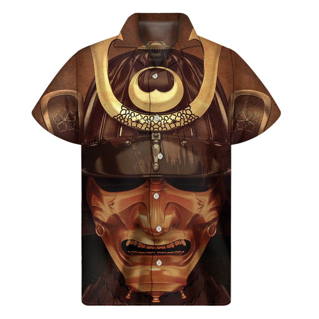 Hawaiian Samurai Style: Men's Short Sleeve Shirt with Old Japanese Mask Print - 1