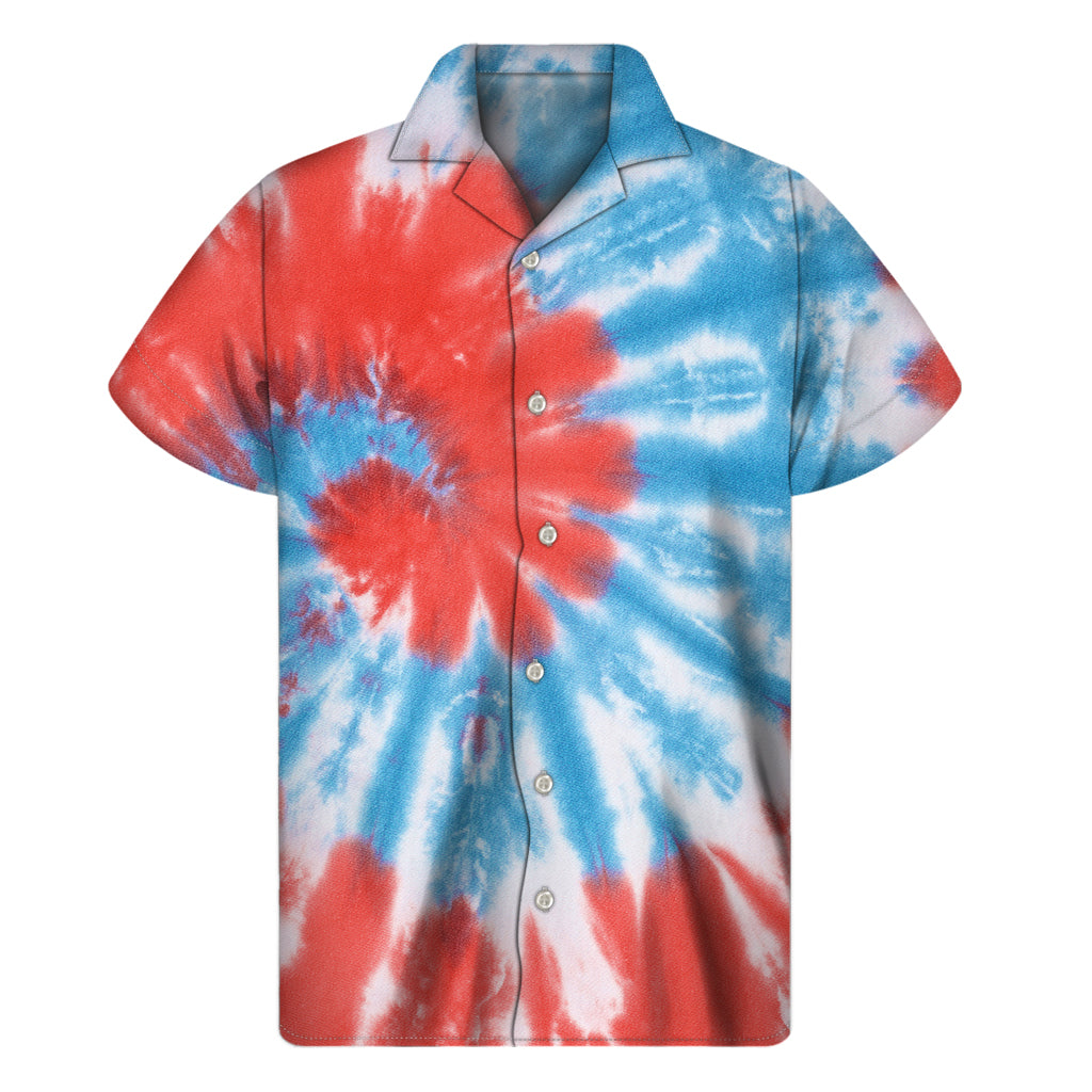Tropical Vibes: Orange and Blue Tie Dye Hawaiian Short Sleeve Shirt - 1