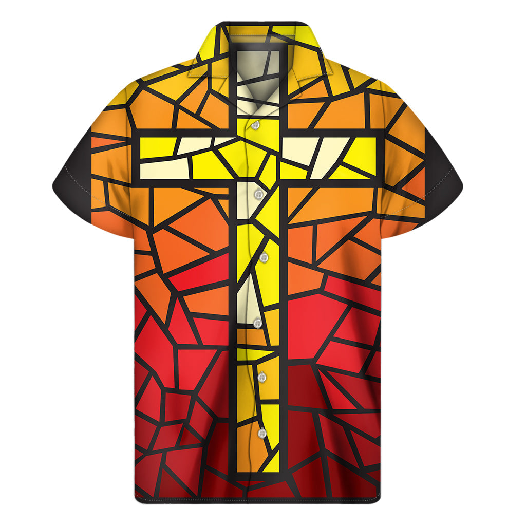 Orange and Red Stained Glass Cross Print Hawaiian Shirt - 1