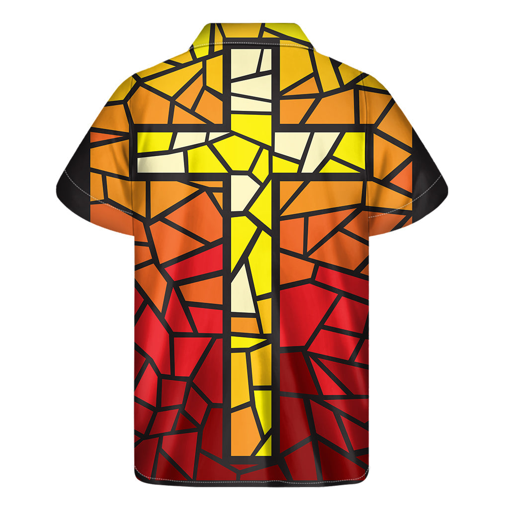 Orange and Red Stained Glass Cross Print Hawaiian Shirt - 2