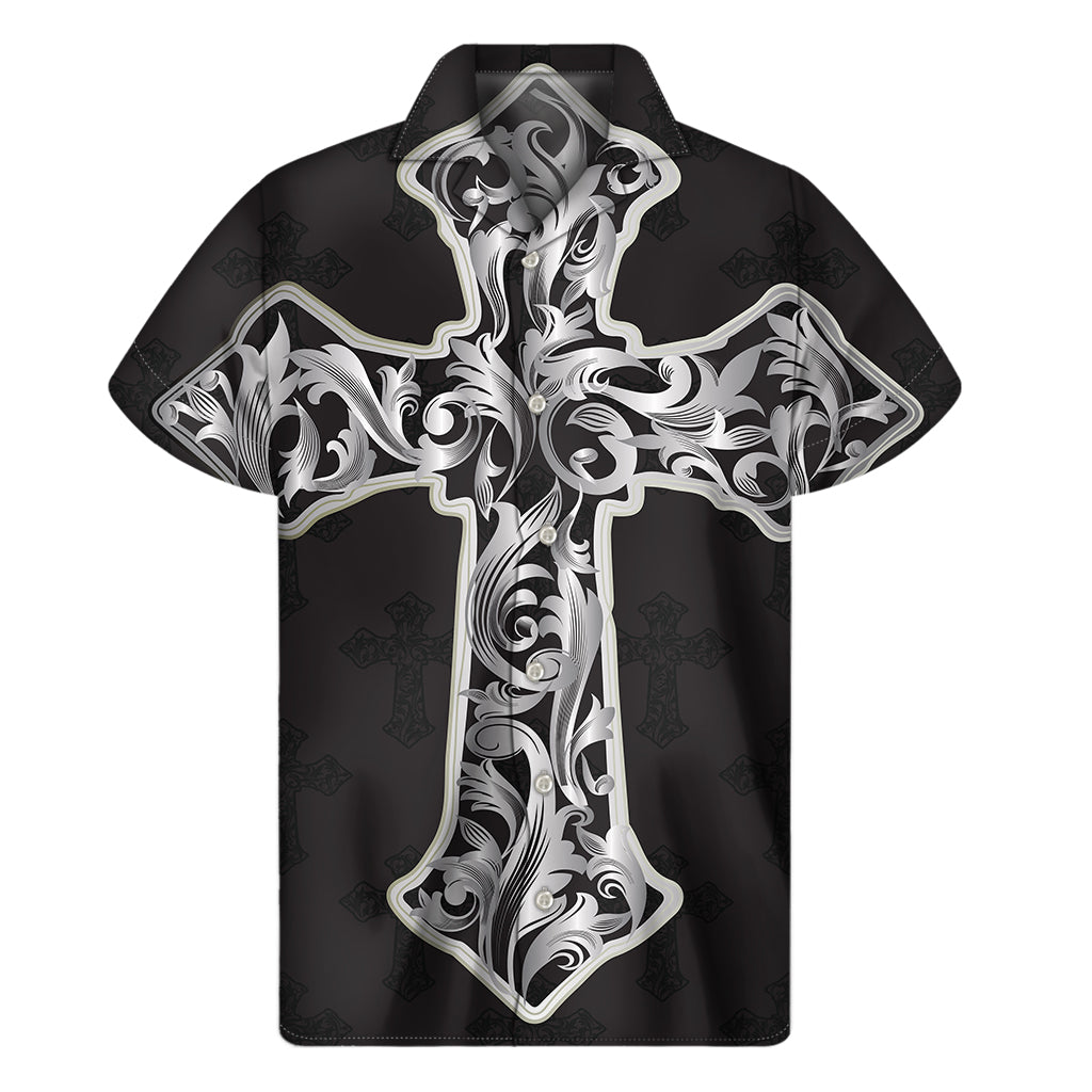 Tropical Island Dreams: Men's Ornamental Silver Cross Hawaiian Shirt - 1