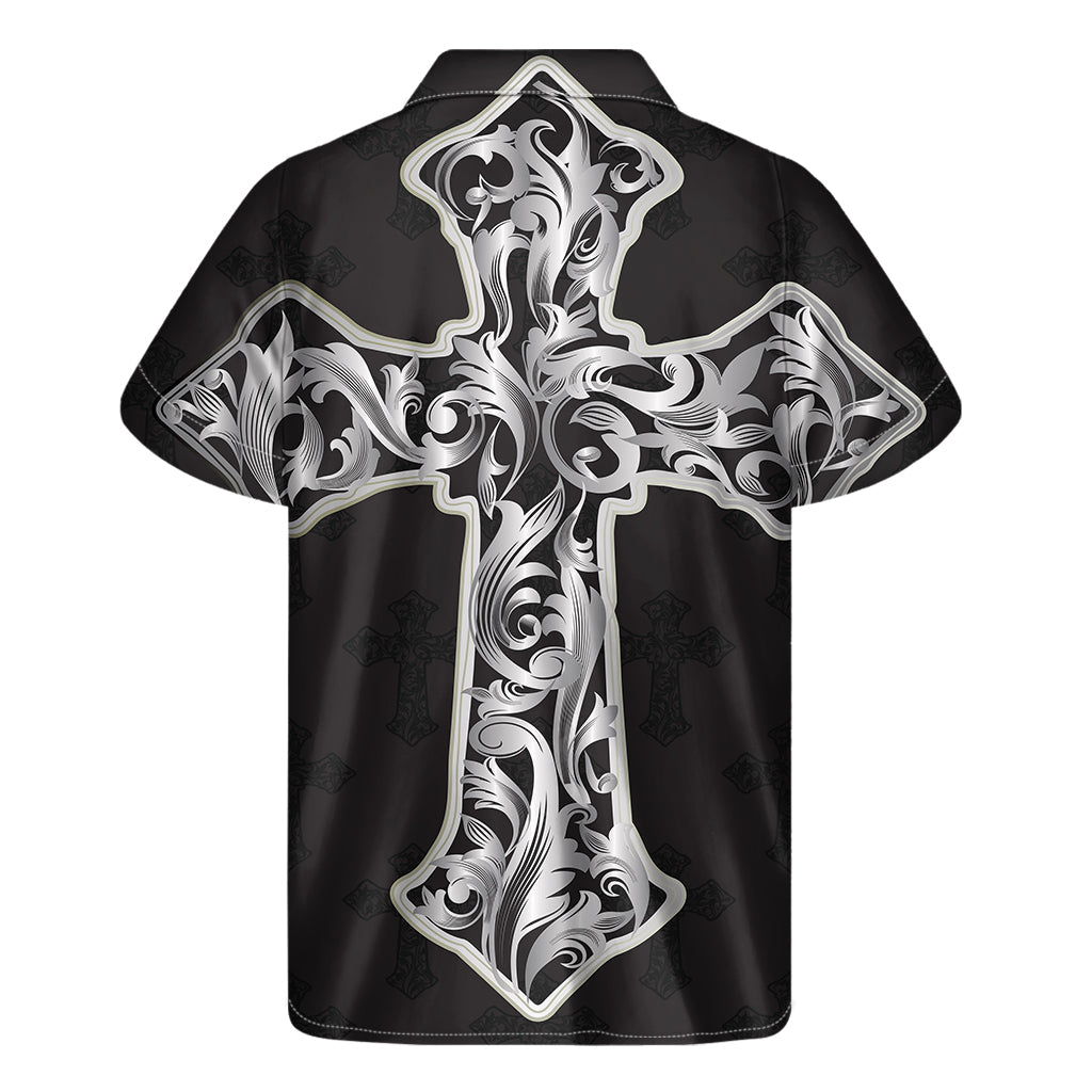 Tropical Island Dreams: Men's Ornamental Silver Cross Hawaiian Shirt - 2