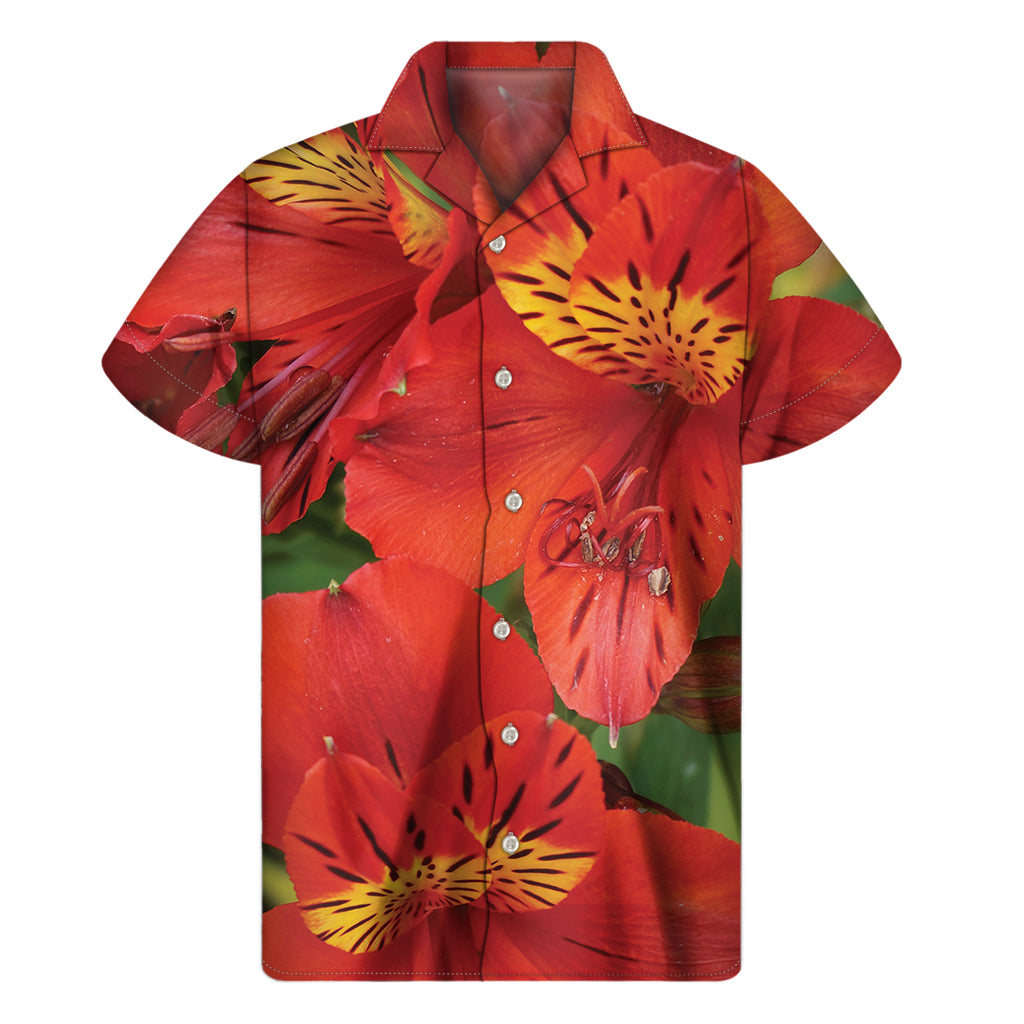 Red Alstroemeria Hawaiian Style Men's Short Sleeve Shirt - 1