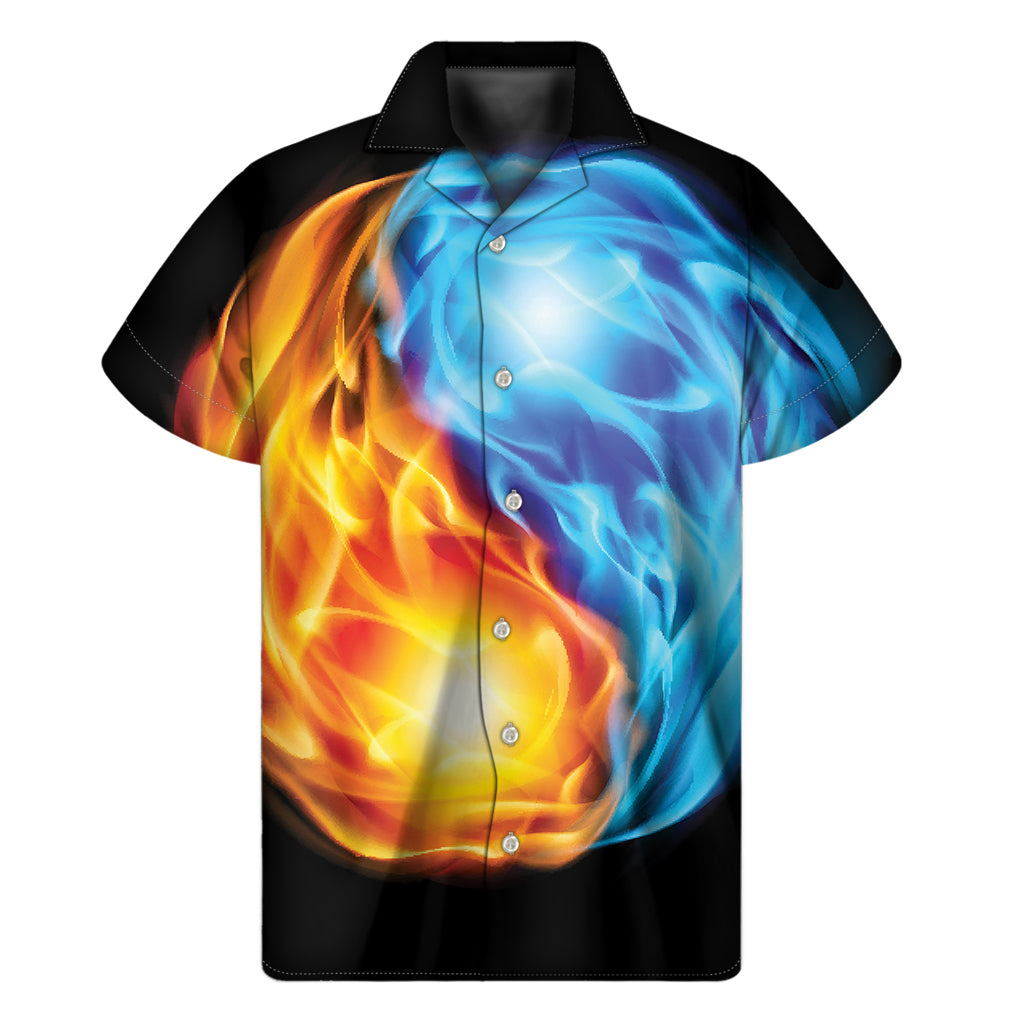 Red and Blue Fire Yin Yang Print Hawaiian Short Sleeve Shirt - 1