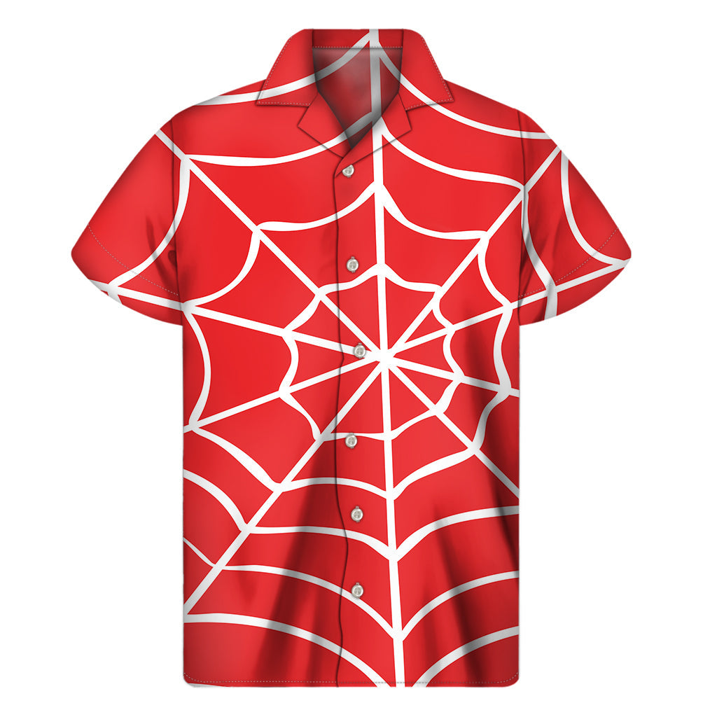 Red and White Hawaiian Spider Web Pattern Print Men's Short Sleeve Shirt - 1