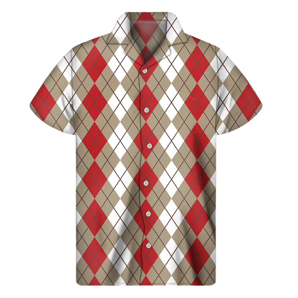 Island Vibes: Red, Beige, and White Argyle Pattern Hawaiian Short Sleeve Shirt - 1