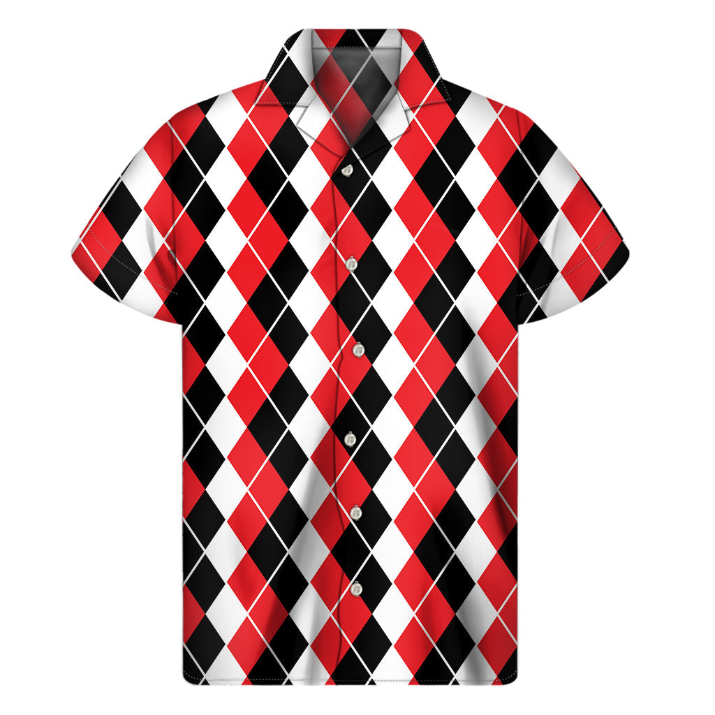 Red, Black, and White Argyle Hawaiian Print Short Sleeve Shirt - 1