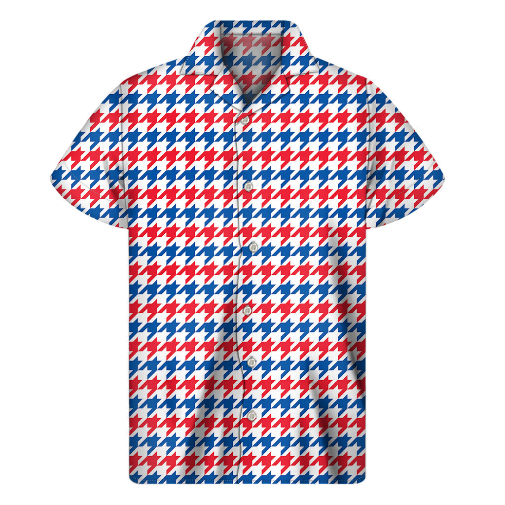 Red, Blue, and White Houndstooth Hawaiian Short Sleeve Shirt - 1