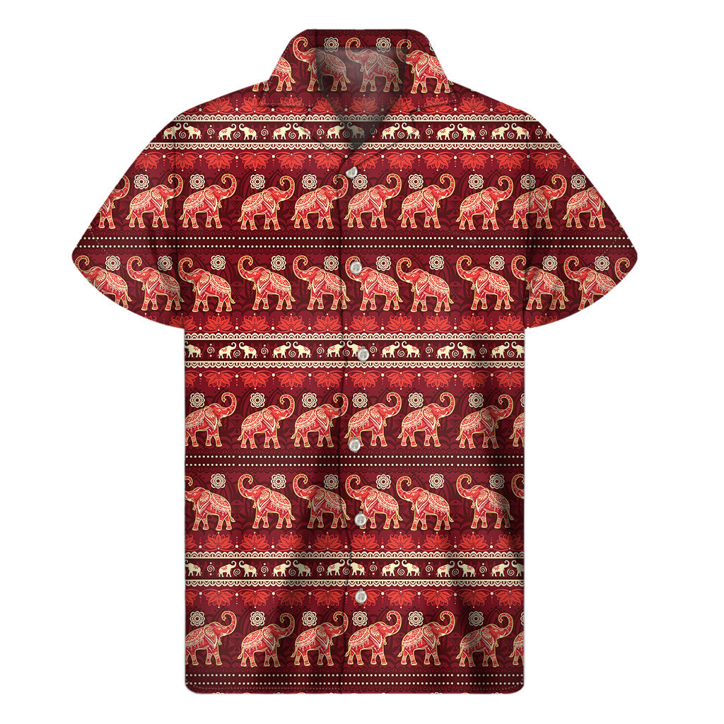 Red Indian Elephant Pattern Hawaiian Short Sleeve Shirt - 1
