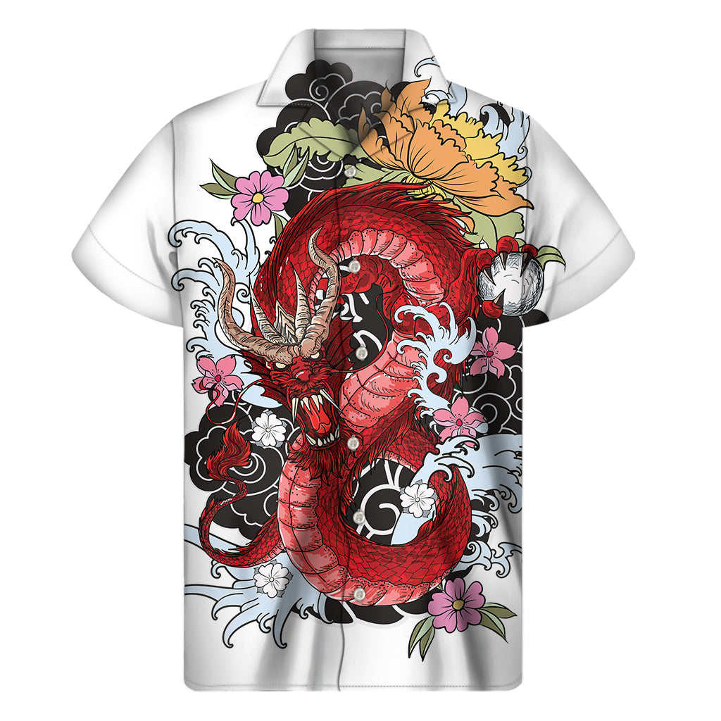 Red Japanese Dragon Tattoo Print Hawaiian Short Sleeve Shirt - 1