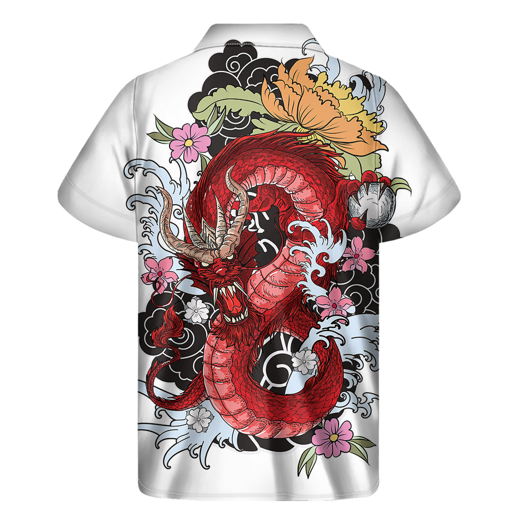 Red Japanese Dragon Tattoo Print Hawaiian Short Sleeve Shirt - 2