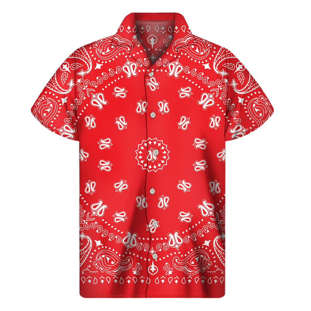 Red Paisley Bandana Print Hawaiian Style Short Sleeve Shirt - 1
