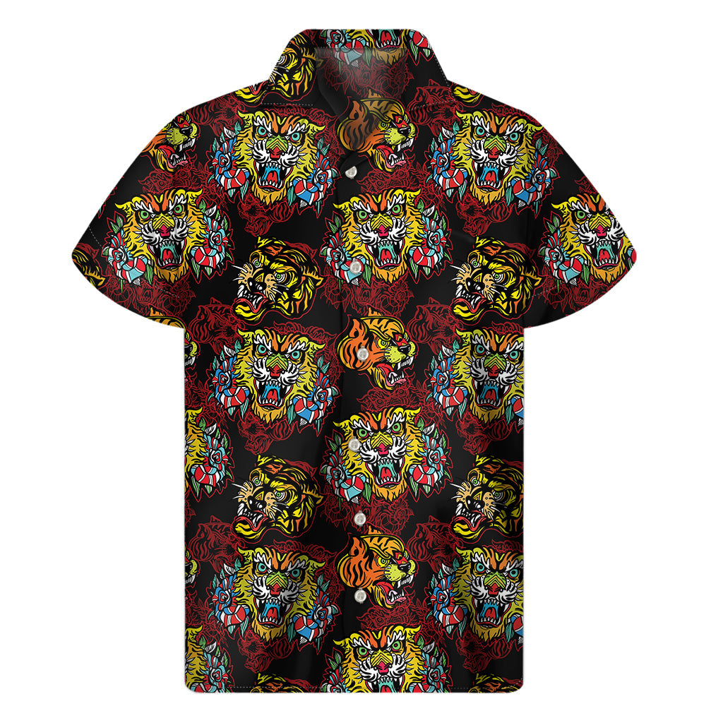 Red Tiger Tattoo Hawaiian Print Short Sleeve Shirt - 1