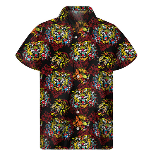 Red Tiger Tattoo Hawaiian Print Short Sleeve Shirt - 1