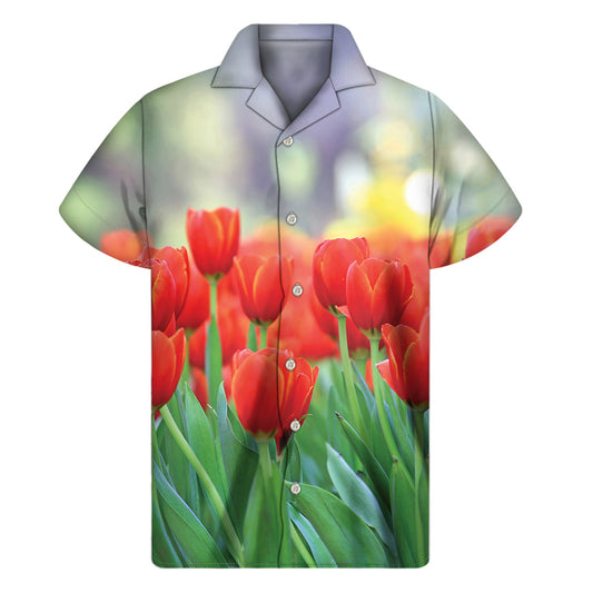 Red Tulip Print Hawaiian Men's Short Sleeve Shirt - 1