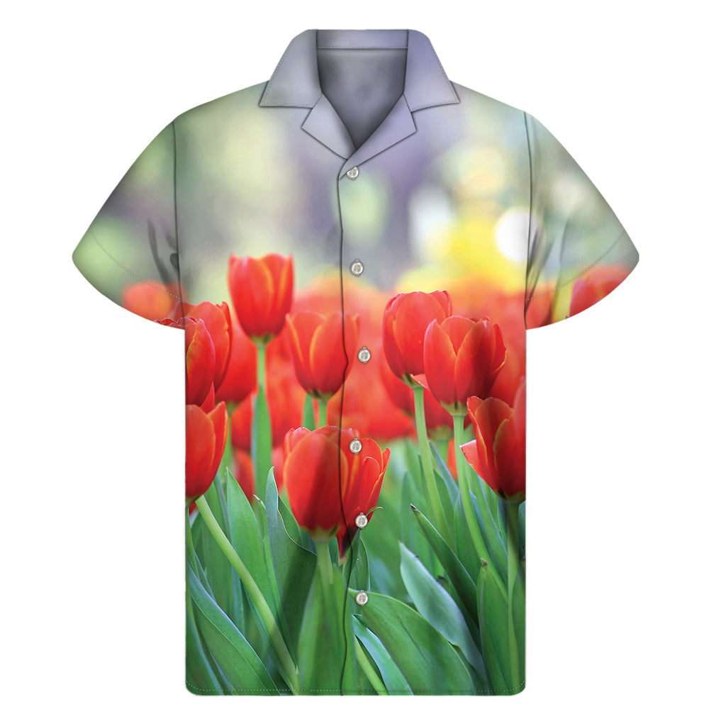 Red Tulip Print Hawaiian Men's Short Sleeve Shirt - 1