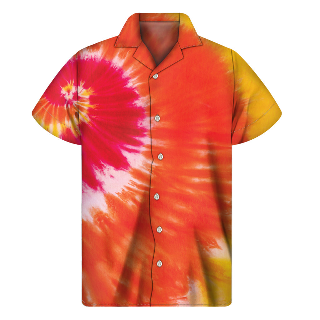 Sunset Serenade: Red, Yellow, and Orange Tie-Dye Hawaiian Shirt - 1