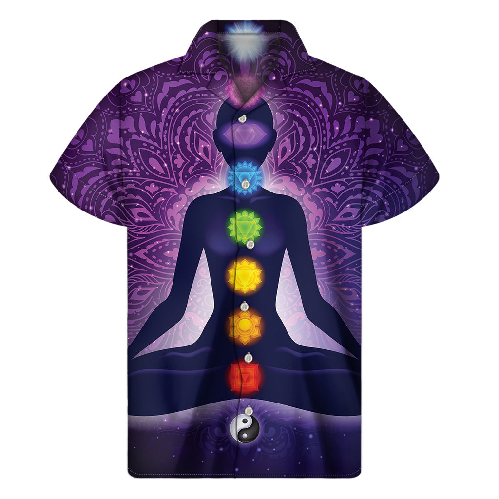 Tropical Bliss: Seven Chakras Mandala Print Hawaiian Short Sleeve Shirt - 1