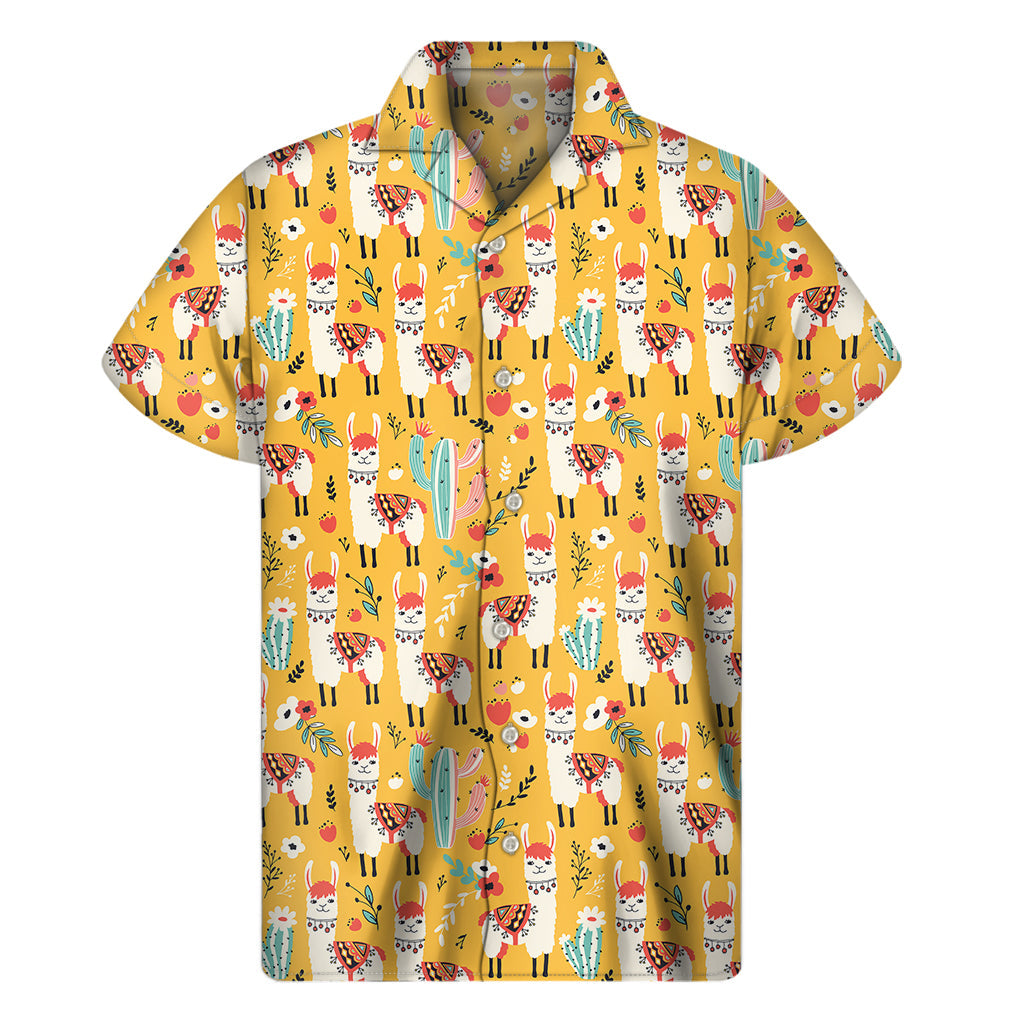 Yellow Llama Paradise: Hawaiian-Style Short Sleeve Shirt - 1
